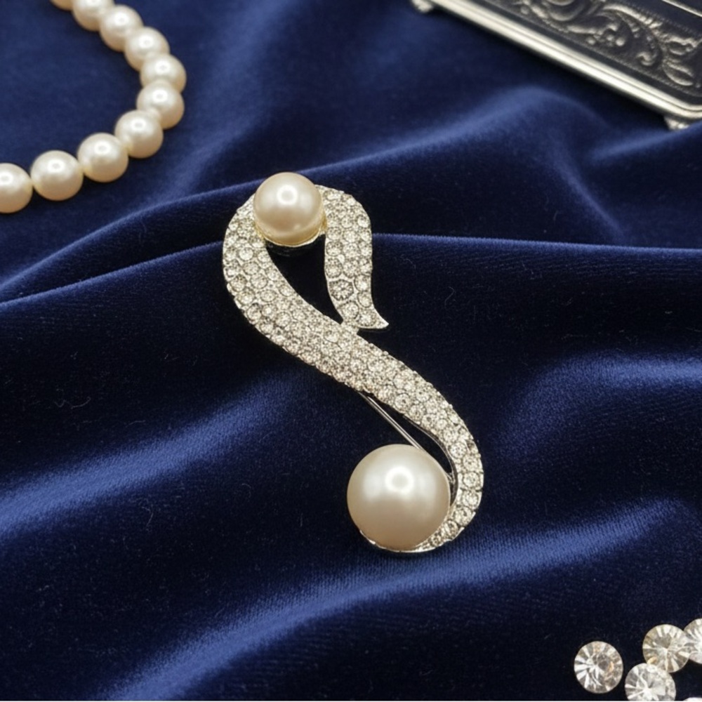 Vintage Silver Tone Faux Pearl & Rhinestone Swirl Brooch